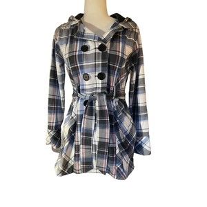 Self Esteem Blk/White/blue Plaid 3/4 Length Double Breasted Jacket Coat~Small
